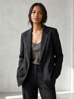 The Drop Womens Medium Black Tailored Single Button Blazer Faux Pockets oversize